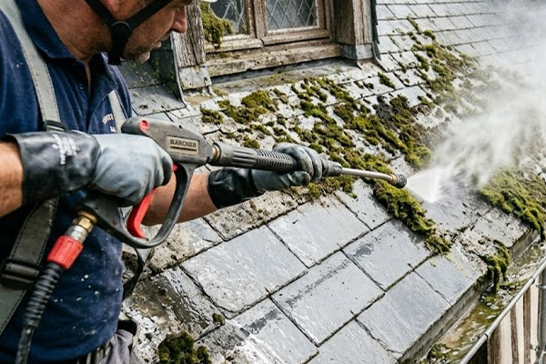 Artisan couvreur travaillant sur une toiture à Josselin